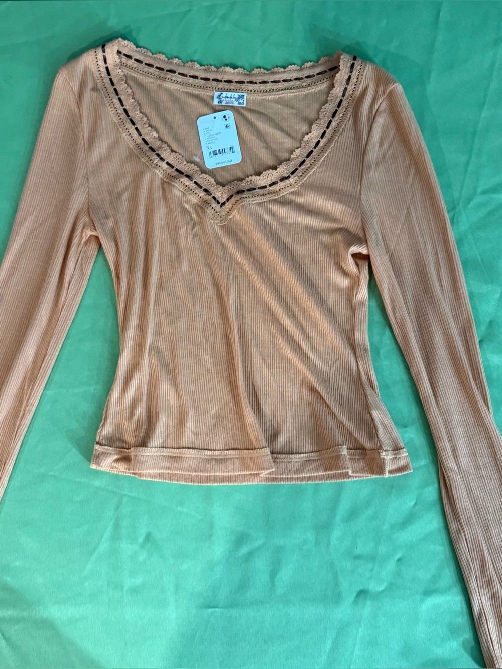 FP Peach Soft Ribbed V-Neck Long Sleeve Top - Chocolate Brown Ribbon NWT